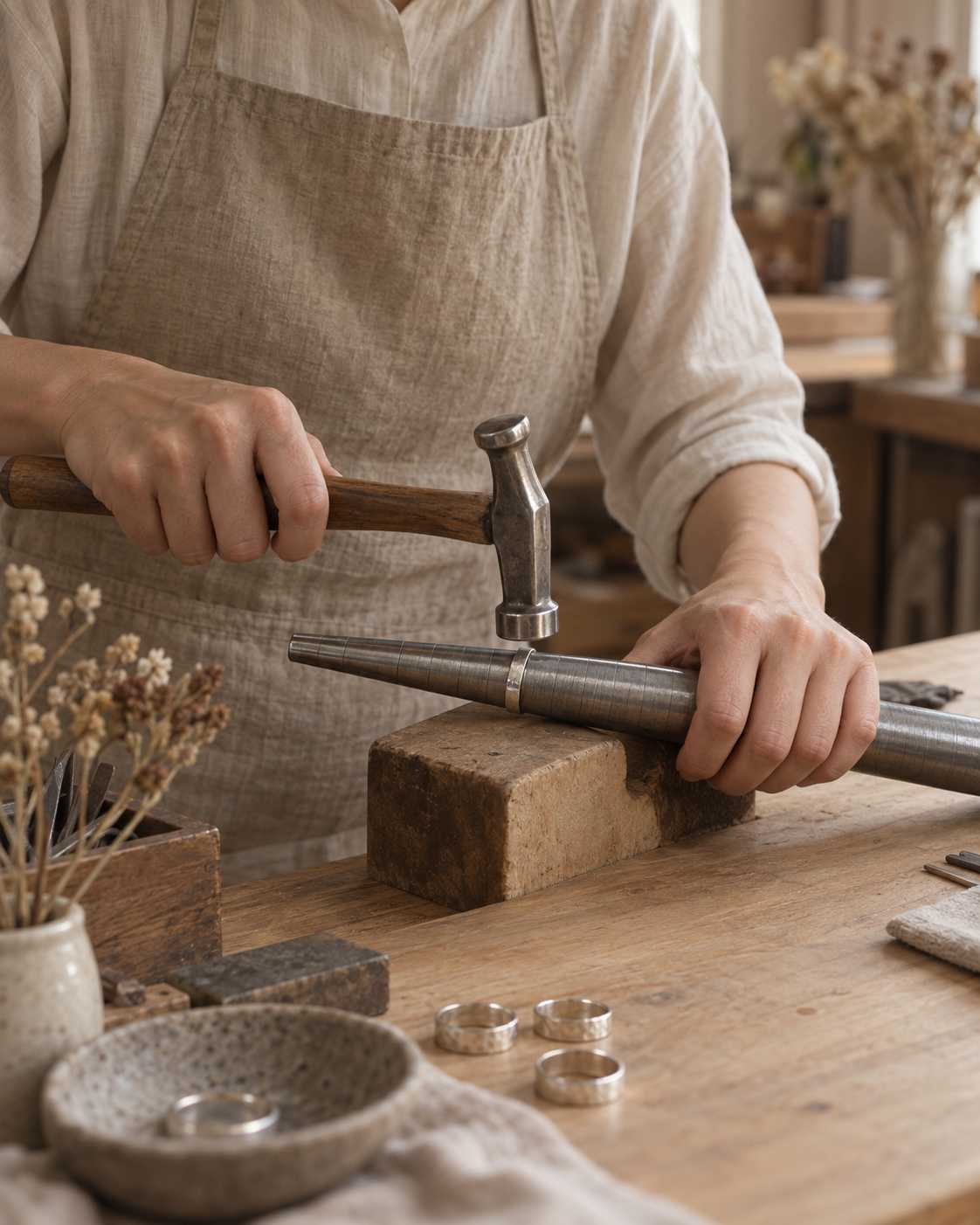 Hands holding a small hammer over a ring on a steel mandrel at a wooden workbench.