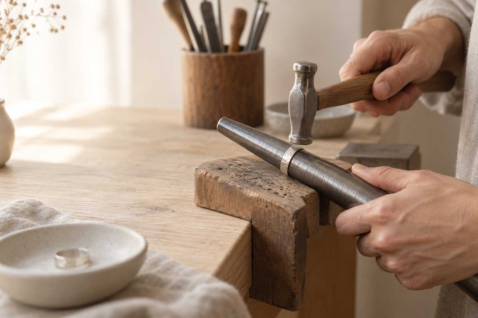 Hands tapping a ring on a steel mandrel with a small hammer at a wooden workbench.