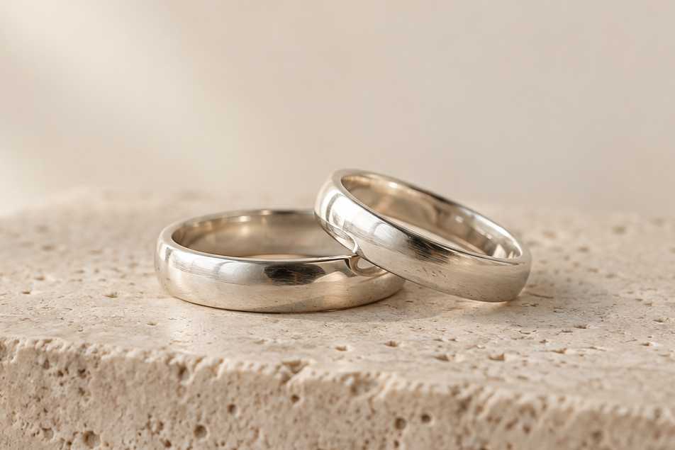 Two smooth, polished ring bands on a stone block.