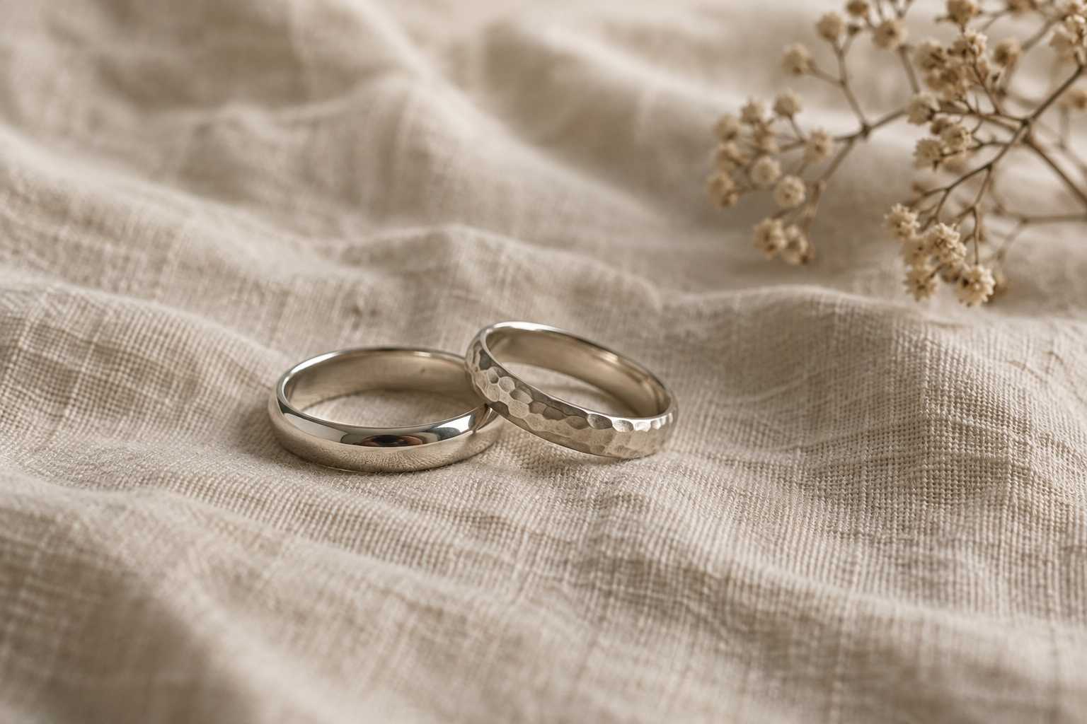 Two finished rings resting on natural linen.
