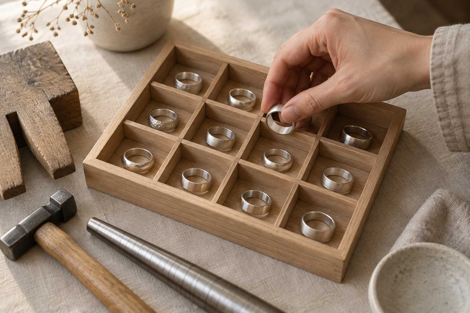 A hand picking a ring band from a wooden tray of ring blanks.