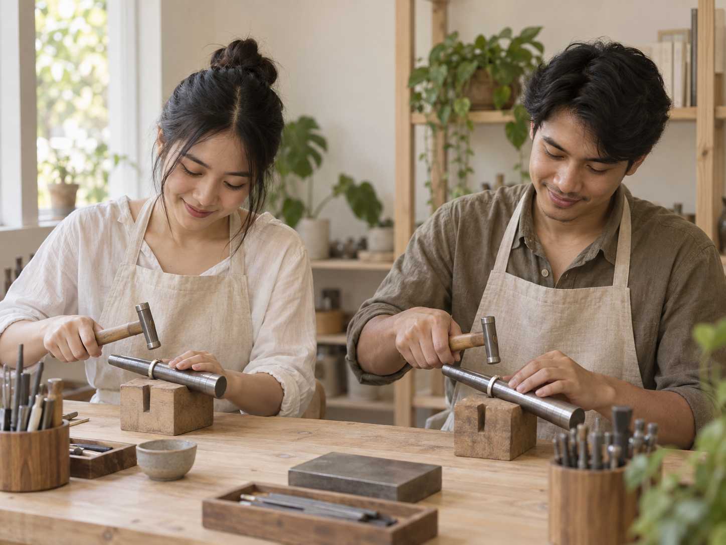 Two people in linen aprons shaping rings side by side at a wooden workbench.